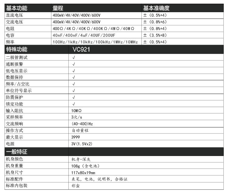 VC921 口袋型萬用電表