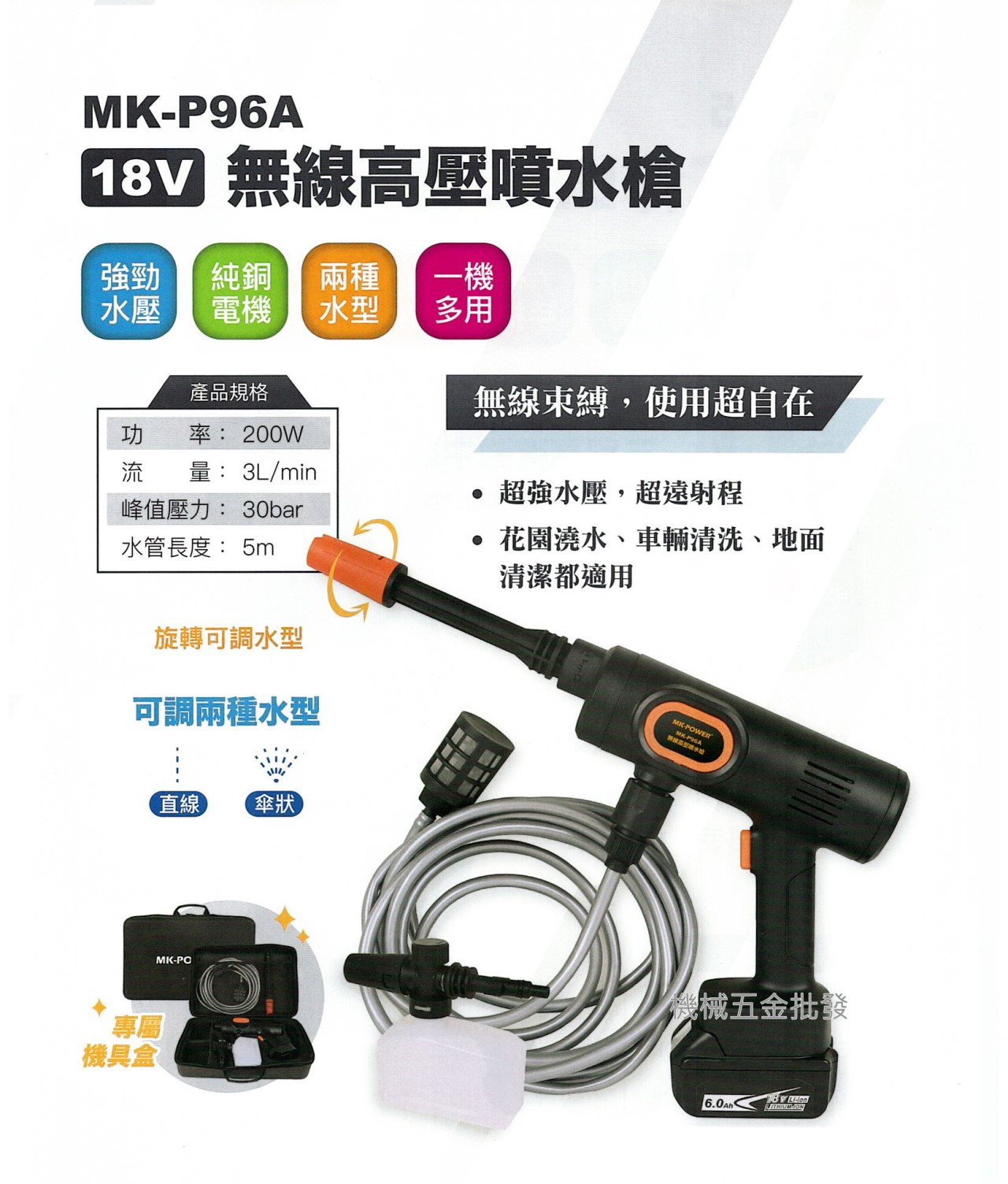 MK-POWER MK-P96A 18V無線高壓噴水槍 可上牧田電池,電動工具