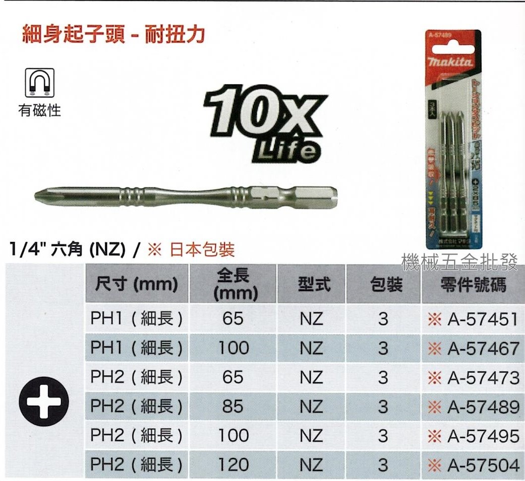  makita {牧田} A-57473 PH2 x 65mm 粗頭 扭轉型六角起子頭/高扭力衝擊/強硬,電動工具