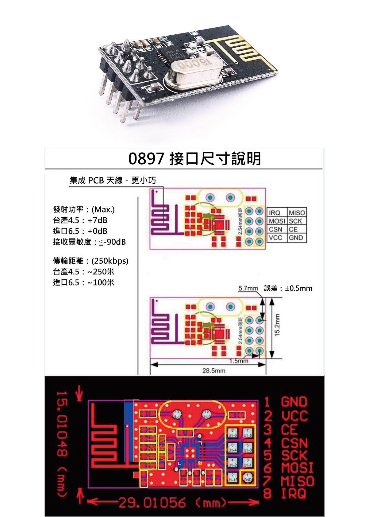 2.4GHz高功率無線接收通訊模組 ( NRF24L01 )