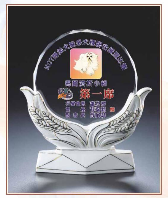 立體瓷花水晶獎座-輝煌-A