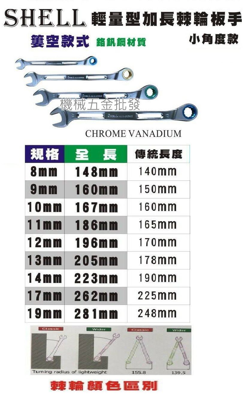  SHELL 超輕量加長型棘輪扳手 小角度款 14mm 長度223mm,手工具