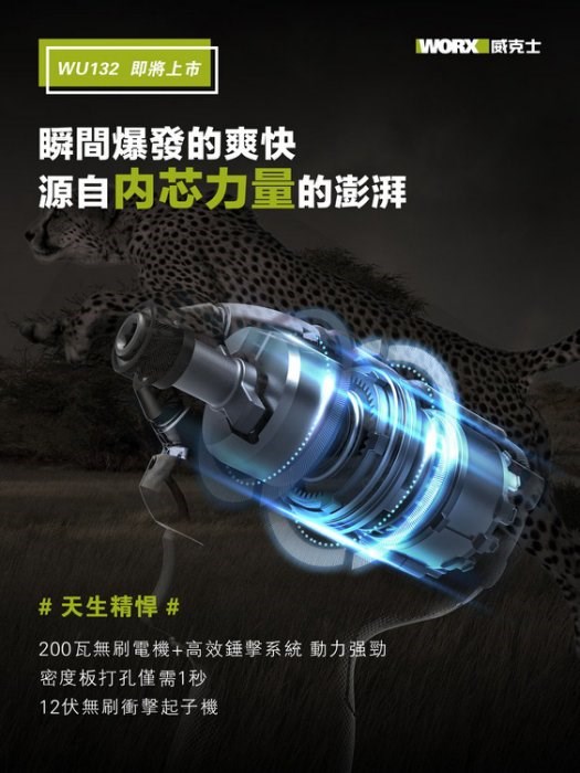  WORX {威克士}  WU132 無刷衝擊起子機 短軸125mm 140牛頓米 穩定輸出,電動工具