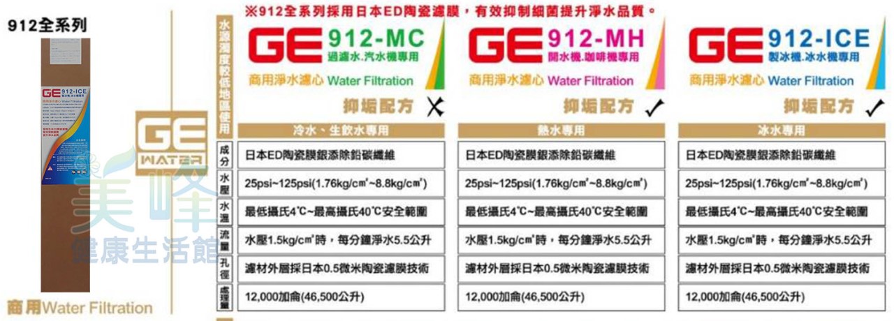 日本正廠GE濾心 912-ICE 生飲等級濾心