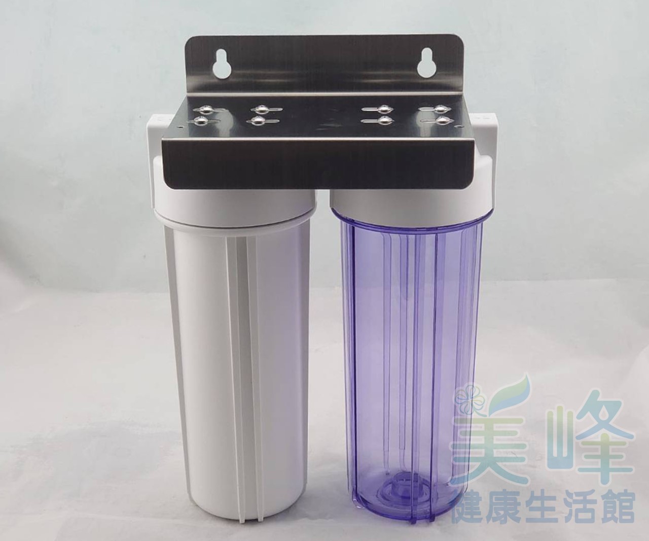 10英吋2分牙雙O-ring白鐵吊片二道式/二胞胎淨水器/前置過濾器(1透1白)(不含濾心、含扳手)