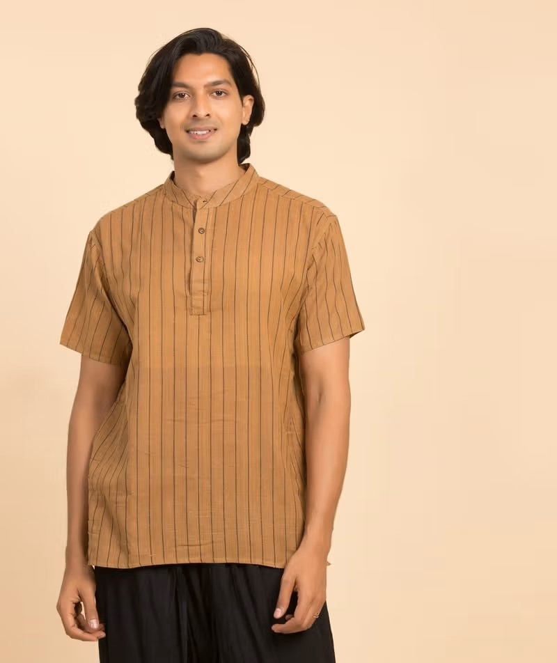 男士手紡、手工編織條紋 Kurta - 棕色0201134