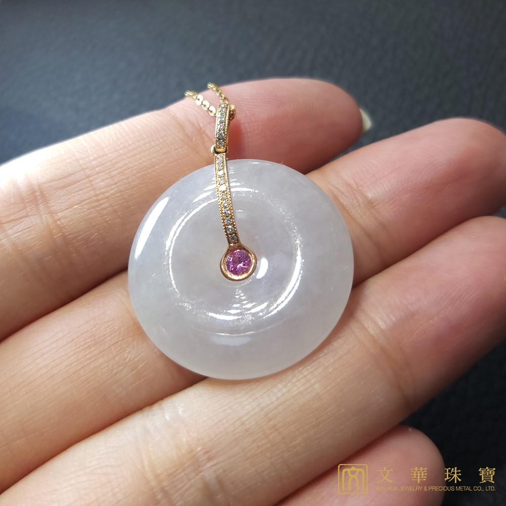 冰種同心圓 平安扣玉墜 玫瑰金座台 鑲嵌粉紅剛玉(已售出)