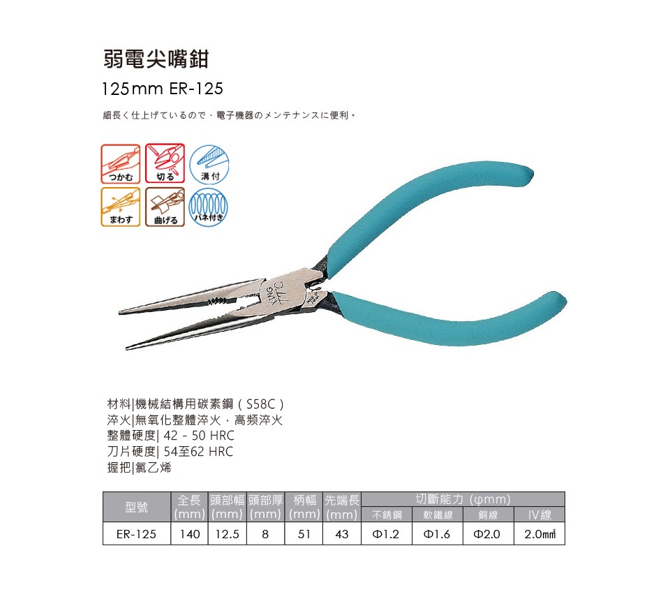 細長電子尖口鉗 ER-125 (145mm) 日製TTC