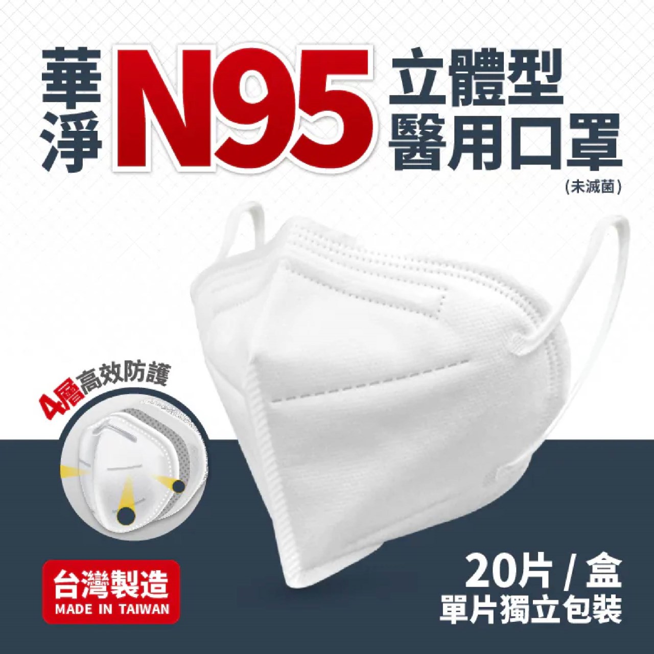 N95立體型 成人醫療口罩 20入/盒 白色黑色 華淨 成人口罩 N95 美術藥局｜公司貨