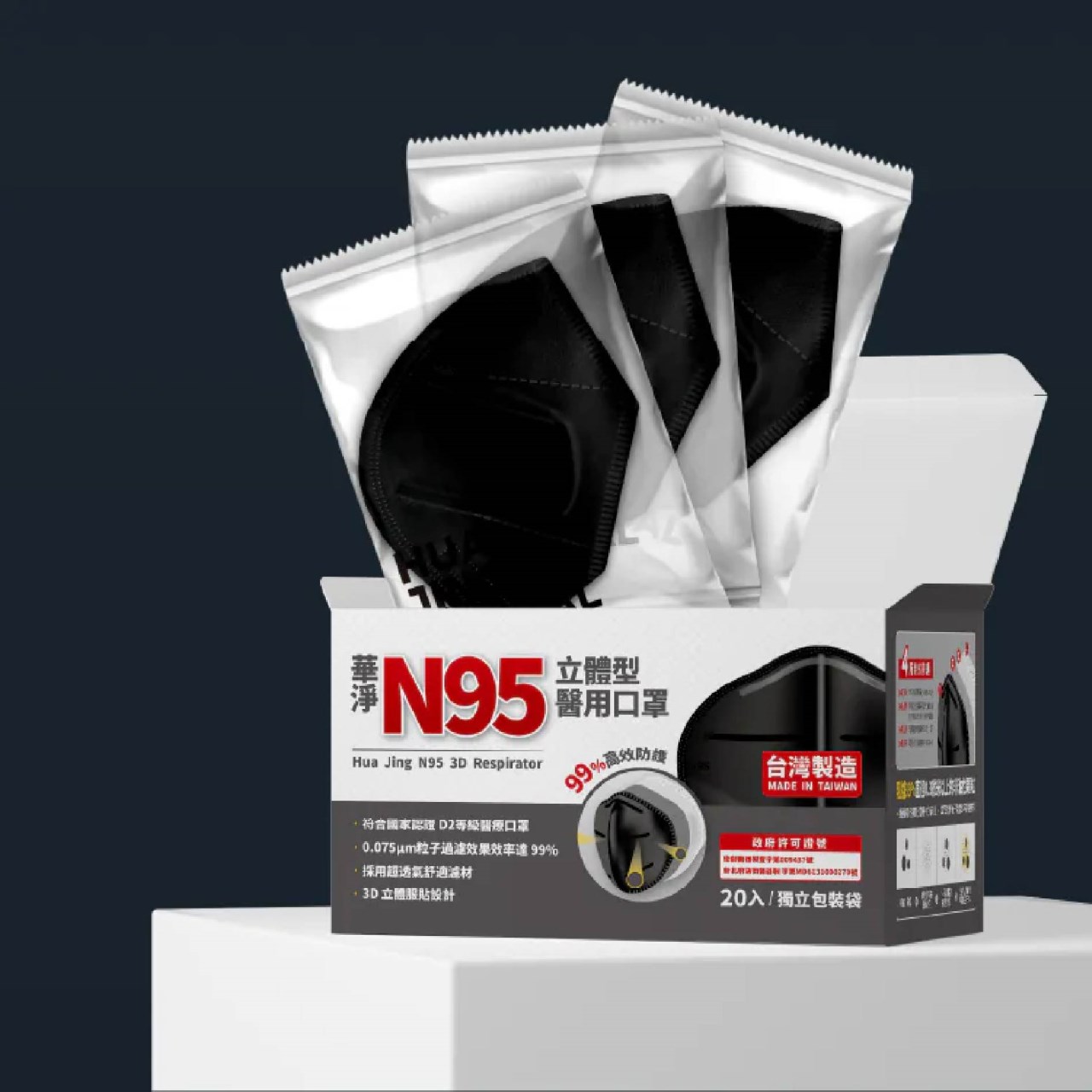 N95立體型 成人醫療口罩 20入/盒 白色黑色 華淨 成人口罩 N95 美術藥局｜公司貨