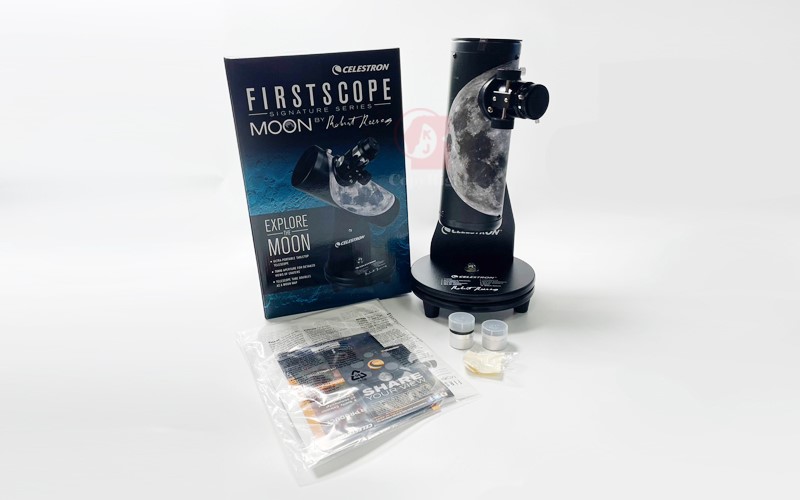 天文望遠鏡,CELESTRON FirstScope Reeves,牛頓反射鏡,76mm口徑,鏡筒上印有月球表面特徵,如隕石坑和月海,C3-082,國教儀器