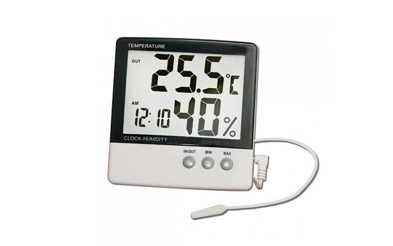 LCD數字溫濕度計,LCD Alarm Hygrometer ,壁掛桌立兩用,戶外用感溫棒,溫度室內0℃～+50℃,室外-50℃～+70℃ ,濕度15％～95％RH,時鐘12/24小時制,日曆顯示功能 ,最大最小值記憶, ℃、℉切換,C1-017-4,國教儀器,C1-017-4