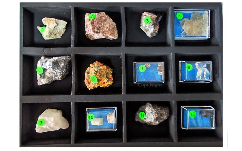 礦物結晶標本,Samples Of Crystals Minerals 12 Kinds,礦物岩石晶體標本,斜長石,正長石,黑鎢礦,白雲母,輝銻礦,黃玉,錫石,水晶,方解石,綠柱石,黃鐵礦,石榴子石,自然型態,附保存箱,C1-041-2,國教儀器