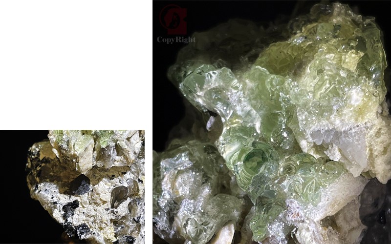 納米比亞玉滴石共生礦,Fluorescent Hyalite Opal  with Black Tourmaline,玻璃蛋白石,黑璧璽,茶晶,共生原礦,水晶,礦物,礦石,標本,螢光反應亮綠色,國教儀器