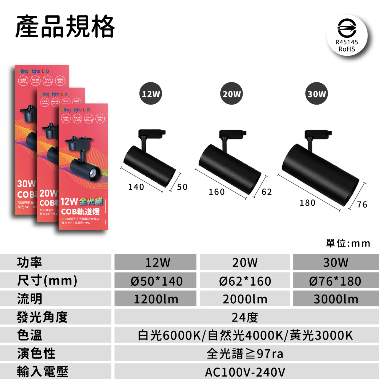 ◎LED全光譜北極星圓筒軌道燈/投射燈，高顯色97Ra，設計師款，12W/20W/30W