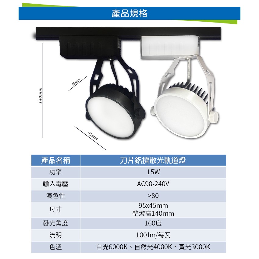 ◎15W LED刀片鋁擠散光軌道燈/投射燈/吸頂燈，散光160度，白/黃/自然，一年保固