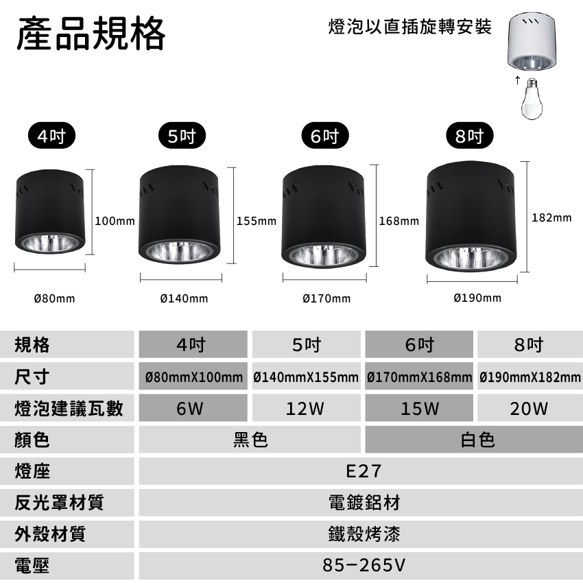◎吸頂筒燈、明裝筒燈，4吋/5吋/6吋/8吋，E27燈座，優質電鍍鋁杯，鐵筒烤漆