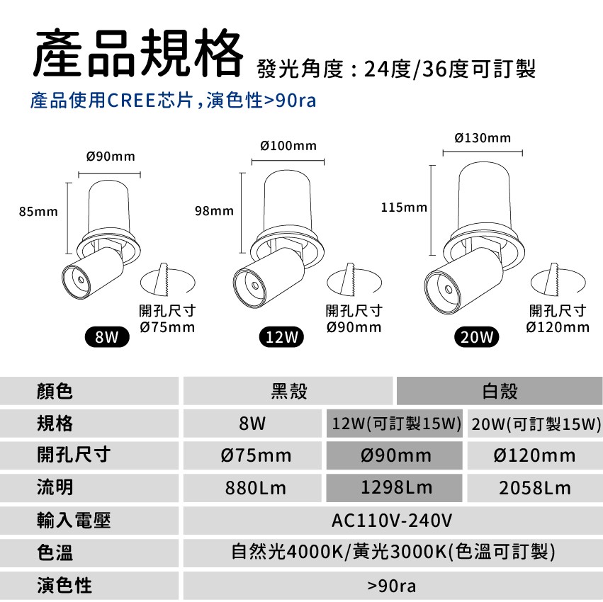 ◎台製COB伸縮象鼻嵌燈/崁燈，8/12/20W，CREE晶片，設計師款，保固兩年