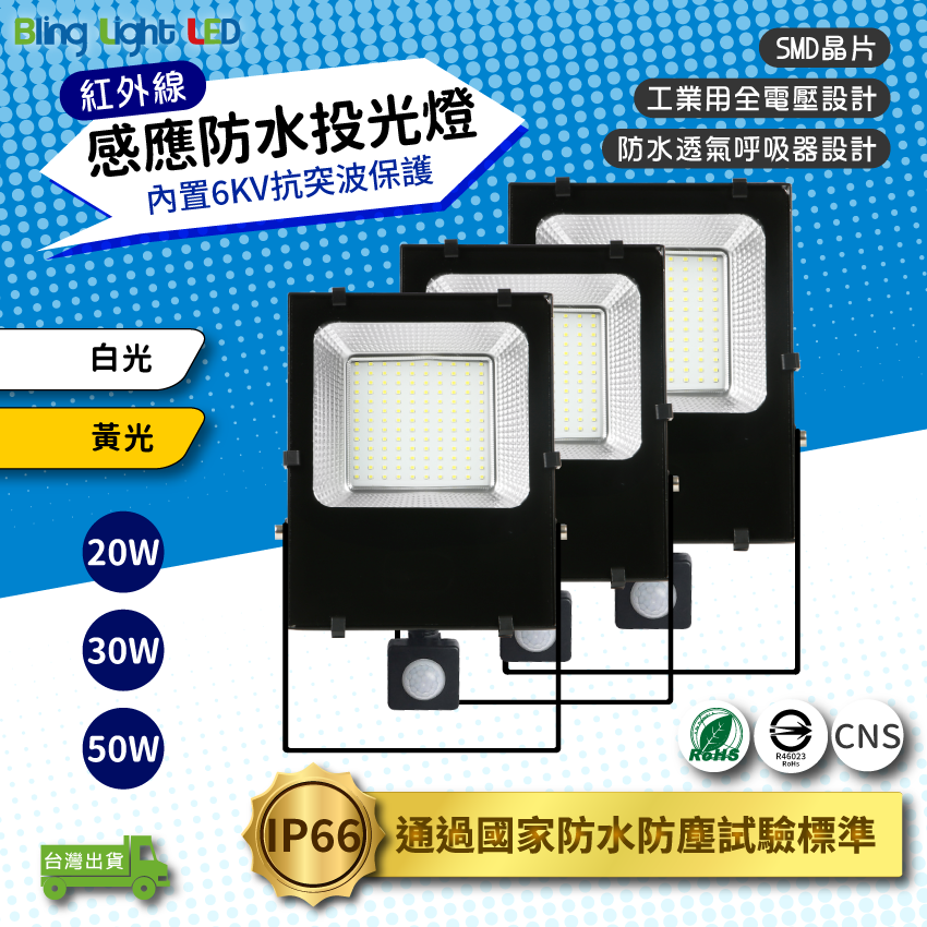 ◎LED紅外線感應戶外防水投光燈/投射燈 20/30/50W，CNS認證，全電壓