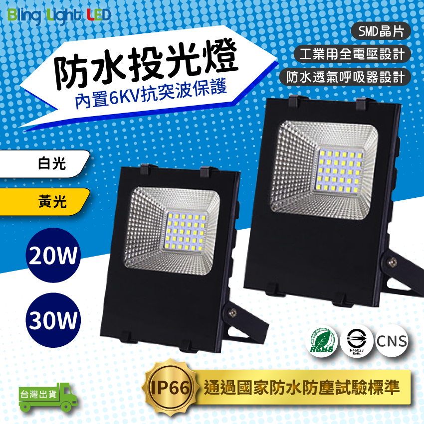 ◎LED戶外防水投光燈/投射燈 20/30W，IP66，CNS認證，工業用全電壓