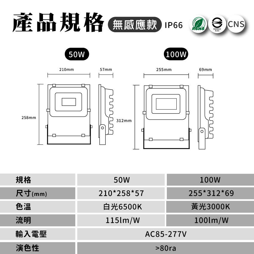 ◎LED戶外防水投光燈/投射燈 50/100W，IP66，CNS認證，工業用全電壓