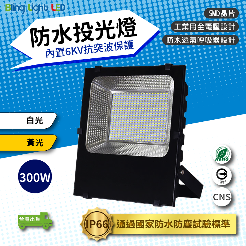 ◎LED戶外防水投光燈/投射燈 300W，IP66，CNS認證，工業用全電壓
