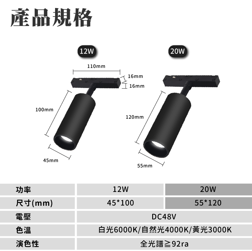◎LED磁吸軌道燈具 圓筒款 投射燈，無主燈照明，全光譜，12W/20W 白光/自然光/黃光