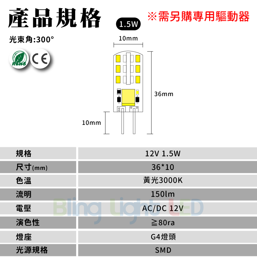◎高亮LED豆燈 12V 1.5W 水晶燈/嵌燈 G4燈頭 可取代鹵素燈珠 黃光