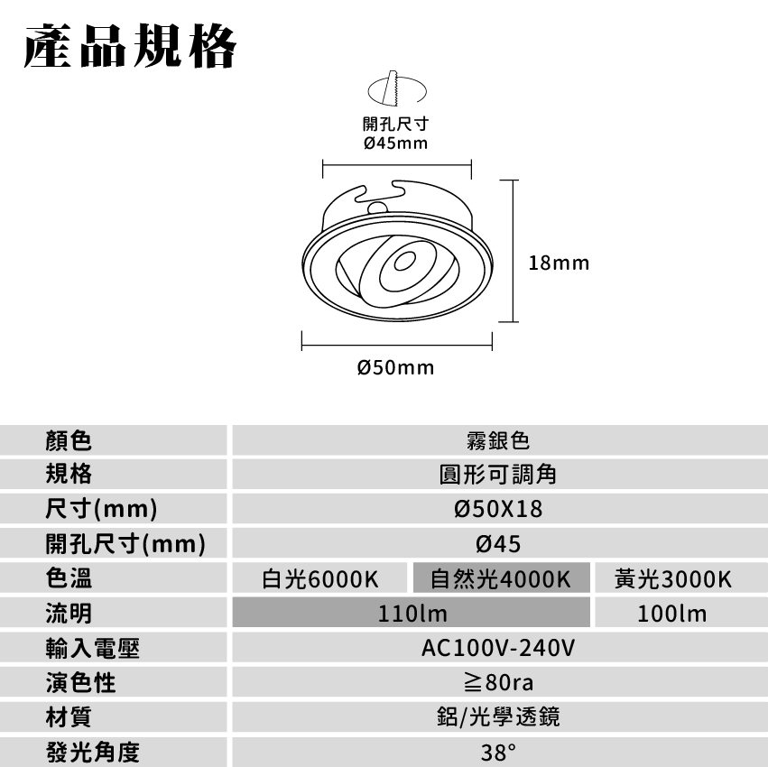 ◎LED 2W櫥櫃可調角小嵌燈 展示燈/書櫃燈 聚光款 開孔4.5CM 霧銀色 三種燈色