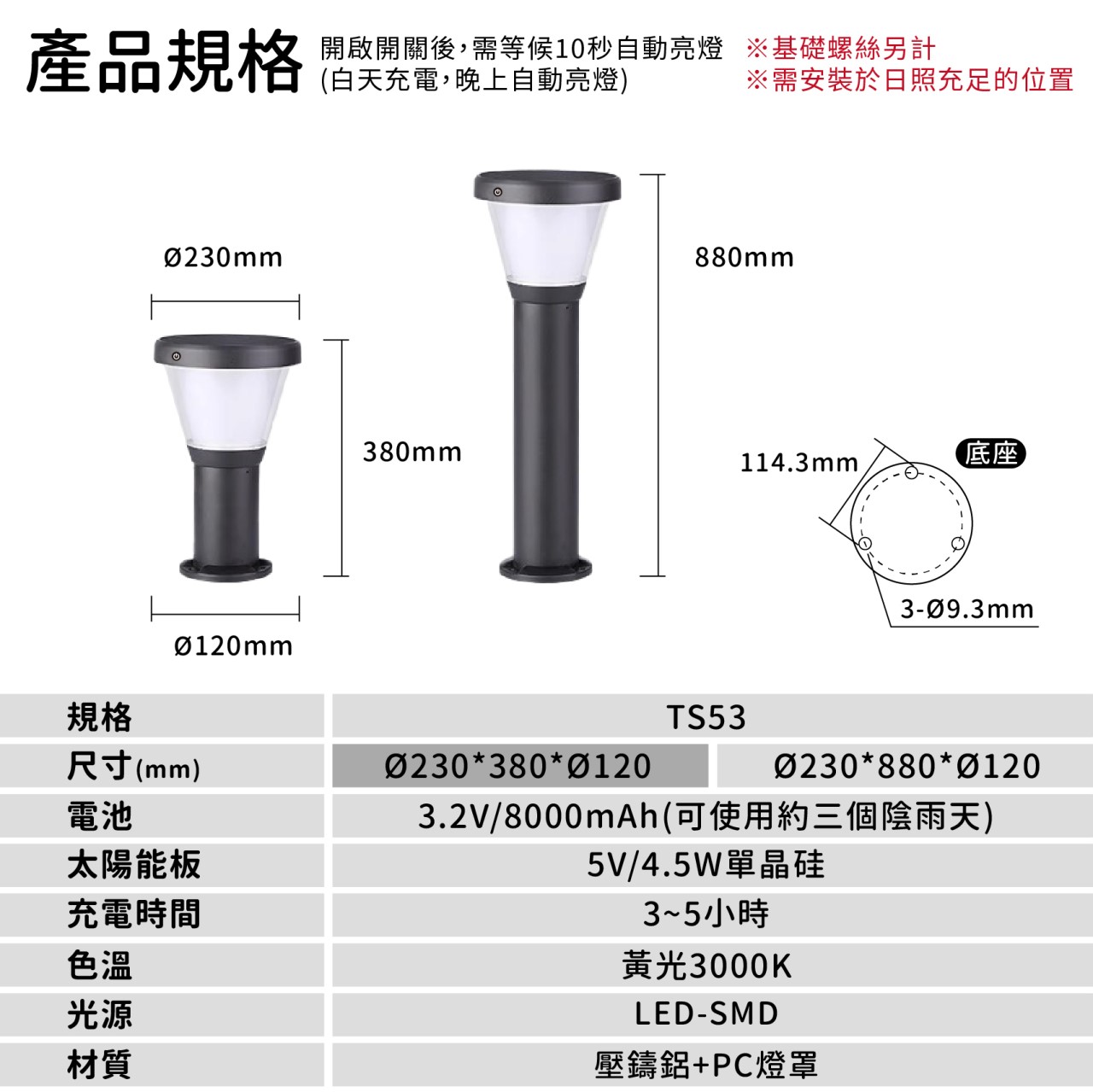 ◎LED TS53 太陽能款景觀草坪矮燈 草坪燈 庭院燈 草皮燈 花園燈 景觀燈 黃光
