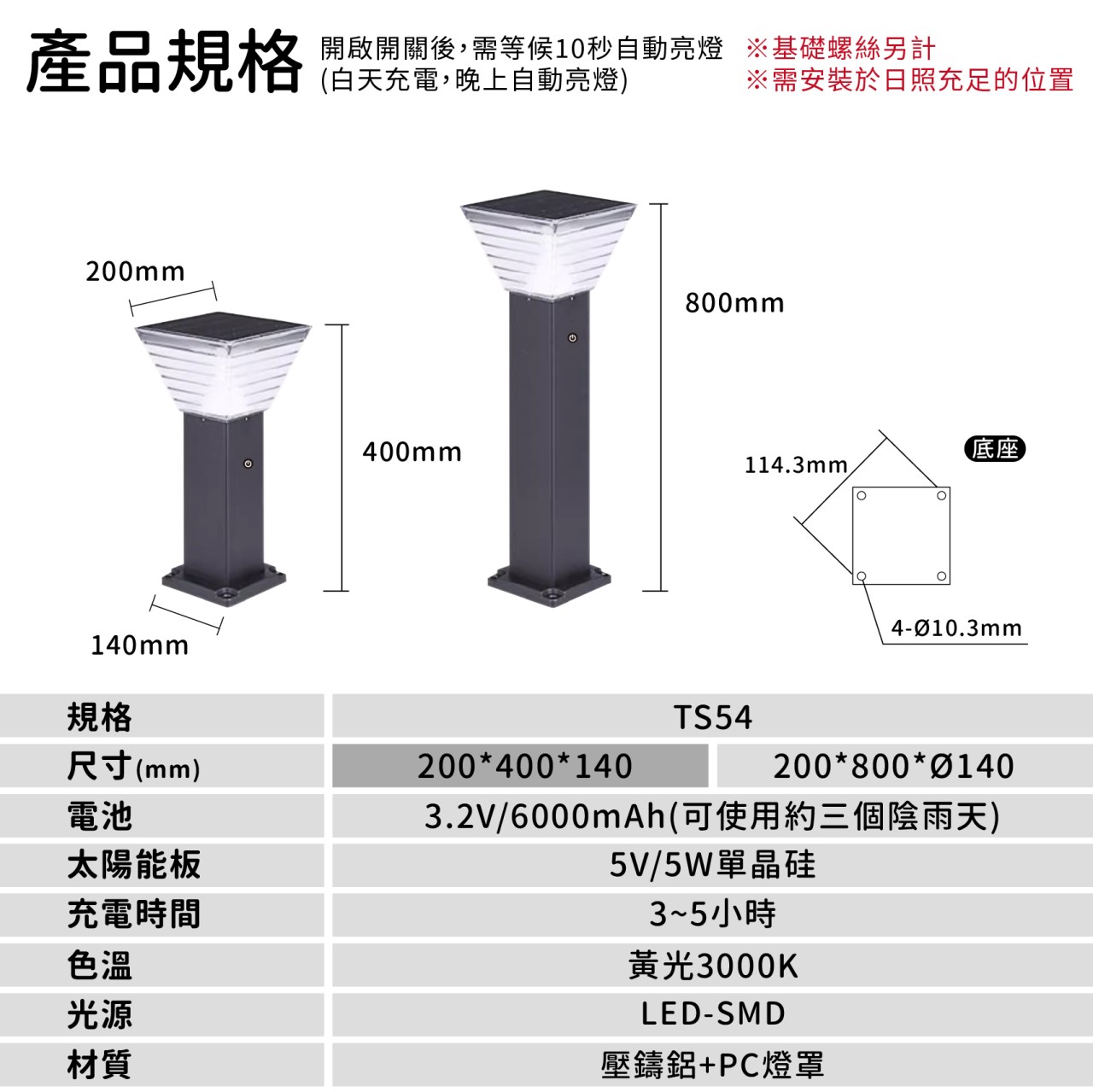 ◎LED TS54 太陽能款景觀草坪矮燈 草坪燈 庭院燈 草皮燈 花園燈 景觀燈 黃光