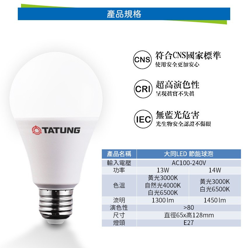 ◎大同14W高亮款 LED高流明節能球泡/燈泡，E27燈頭，CNS認證，全電壓，白光/黃光