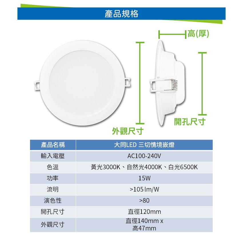 ◎大同LED 三色切情境嵌燈/崁燈/天花燈，15W，白/黃/自然光三切變色，開孔15CM