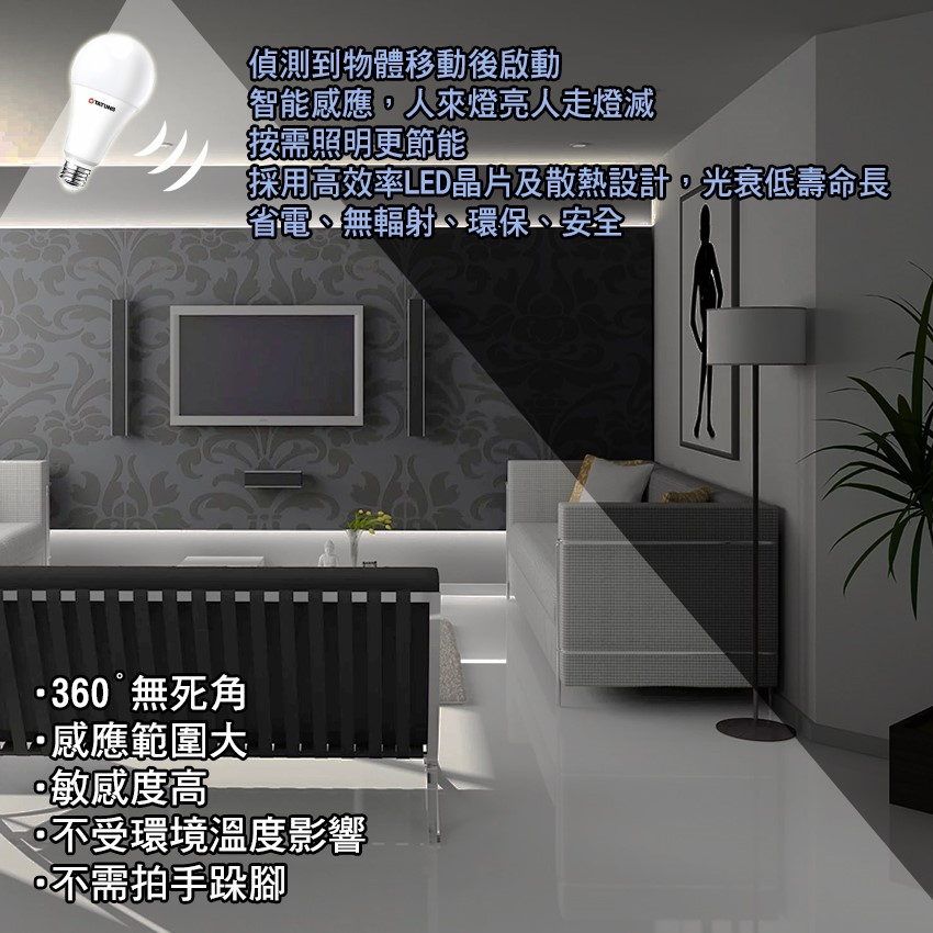 ◎大同 12W LED人體感應燈泡 智能雷達感應，E27燈頭，CNS認證，全電壓，白光