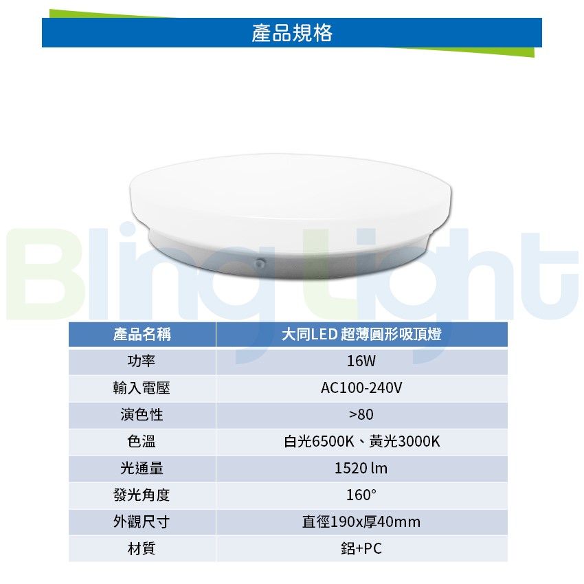 ◎大同LED 16W超薄型4cm 吸頂燈/陽台燈/浴室燈，CNS認證，全電壓，白/黃光