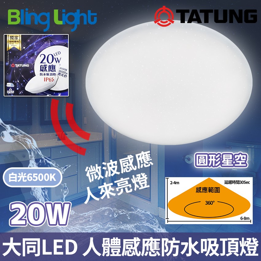 ◎大同LED 人體感應 防水 吸頂燈/陽台燈/浴室燈20W，微波感應，CNS認證，全電壓