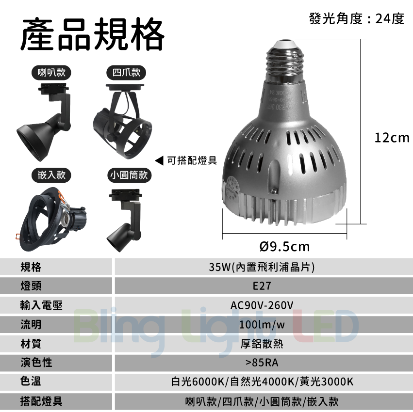 ◎PAR30軌道燈/投射燈/燈泡 35W，24度角，歐司朗晶片，E27燈頭，一年保固
