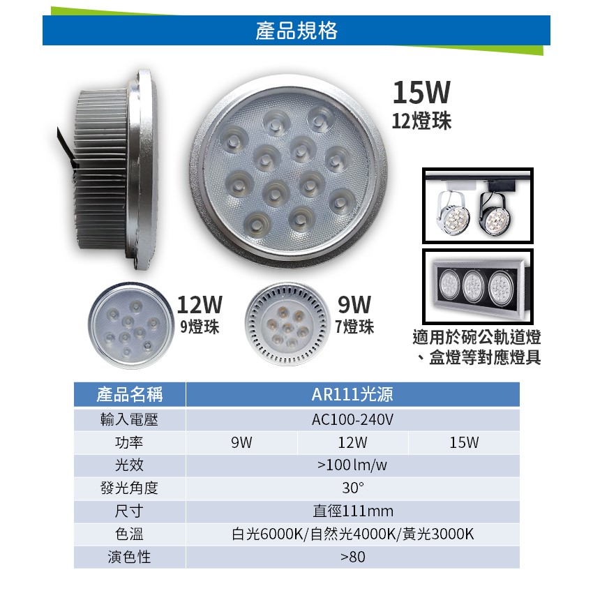 ◎LED AR111軌道燈/盒燈專用光源，7燈9W，9燈12W，12燈15W，白/黃/自然光