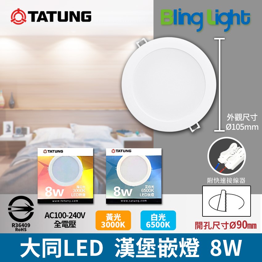 ◎大同LED漢堡嵌燈/崁燈/天花燈8W，CNS認證，全電壓，白光/黃光