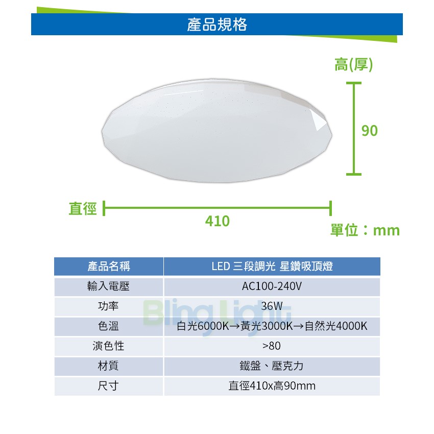 ◎LED 三色切情境調光星空吸頂燈，白/黃/自然光可三切變色36W
