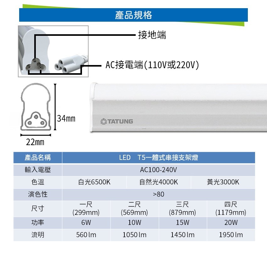 ◎大同LED T5燈管/層板燈/支架燈/串接燈，四尺20W全電壓，CNS認證，白光/自然光/黃光