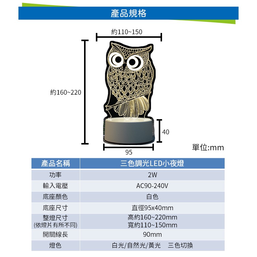 ◎LED三色切情境調光 壓克力3D款創意小夜燈，白/黃/自然光三切變色，全電壓隨插即用