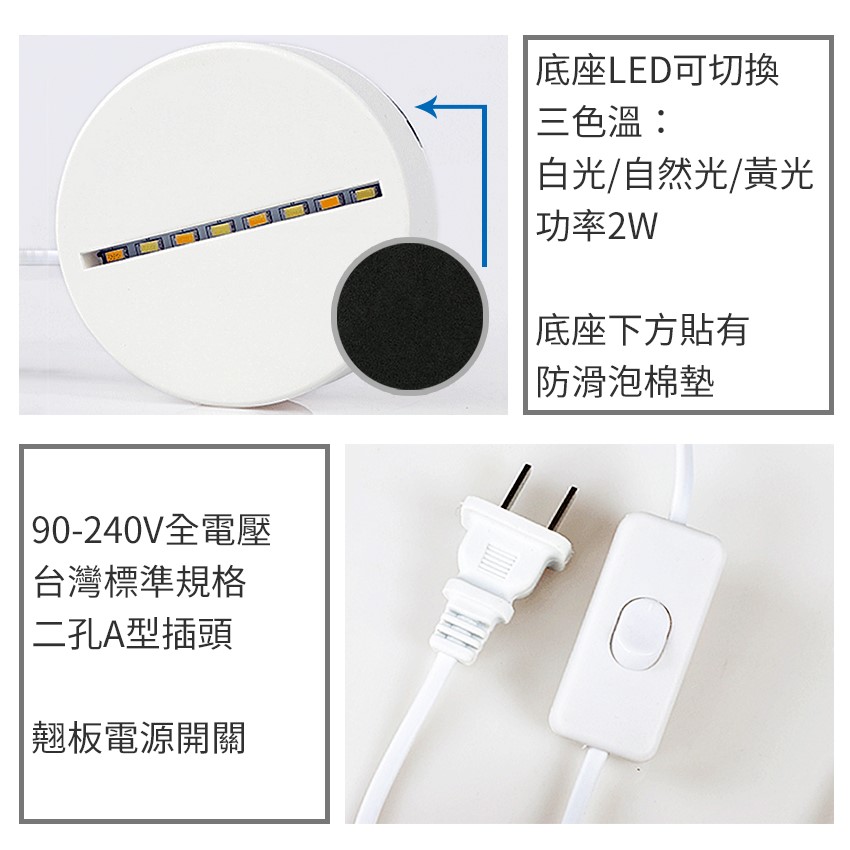 ◎LED三色切情境調光 壓克力3D款創意小夜燈，白/黃/自然光三切變色，全電壓隨插即用