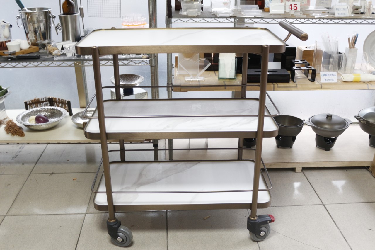 玫瑰金岩板定點式三層服務車         