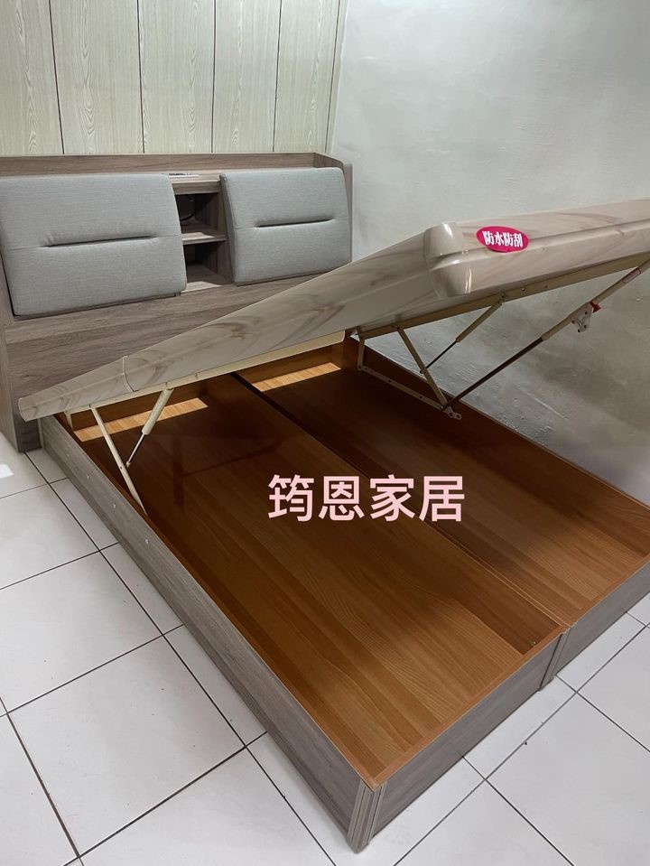 工業風多功能貓抓皮墊超厚實床頭箱+自動上鎖安全裝置掀床