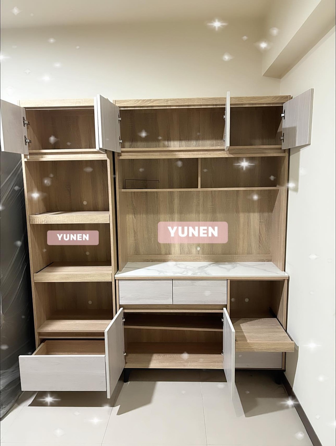 北歐雙色高腳電器櫃+4尺岩板餐櫃組