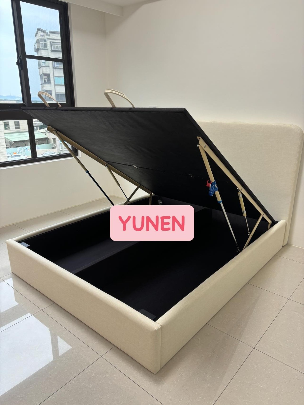 訂製款奶霜白貓抓皮床頭+尾掀床底
