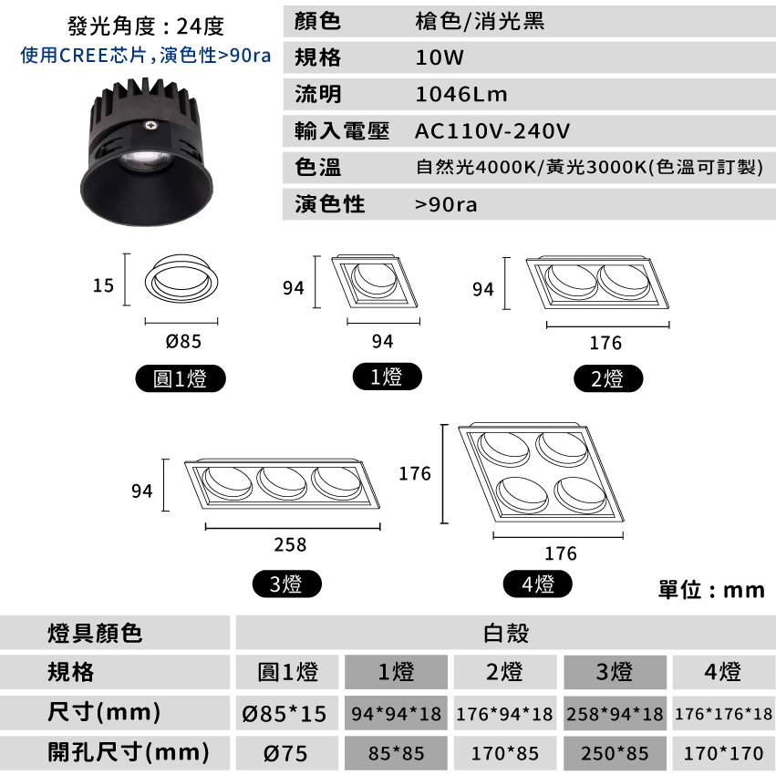 ◎台製COB防眩嵌入式盒燈，1/2/3/4燈，槍色/消光黑，CREE晶片，設計師款，保固兩年