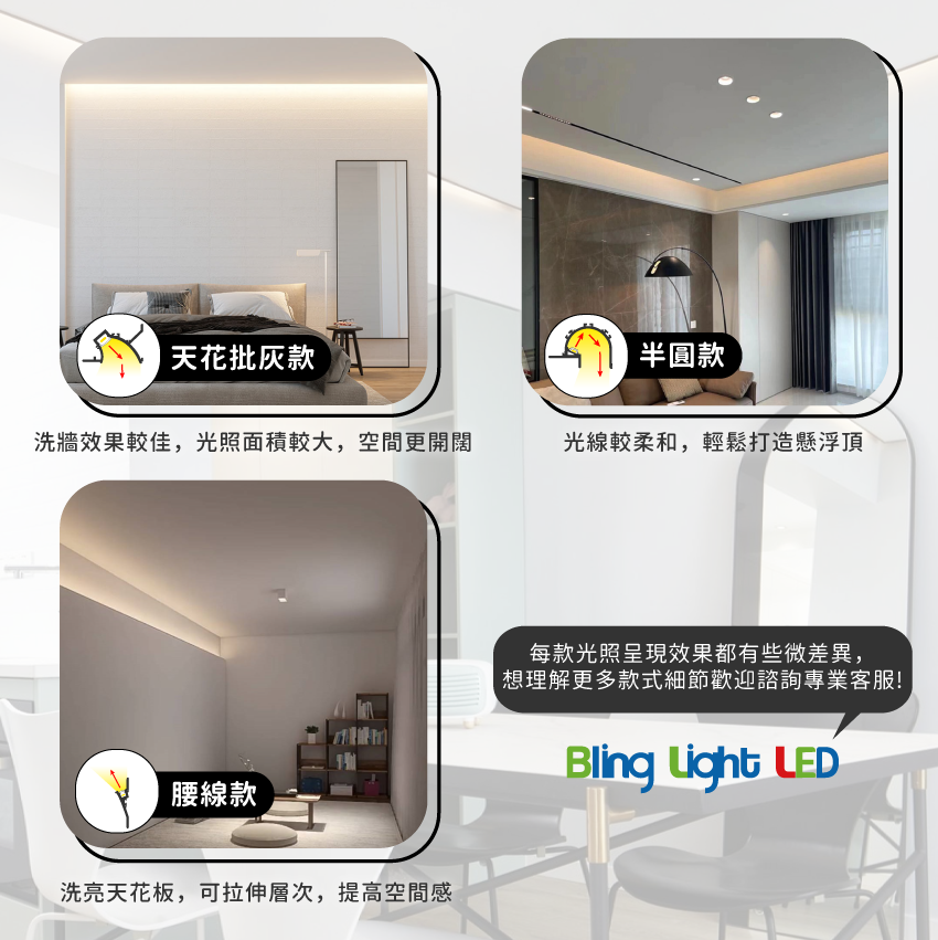◎線性迴光燈槽 反光槽 天花洗牆燈 懸浮吊頂效果 天花批灰款 半圓款 腰線款 來電或客服客製