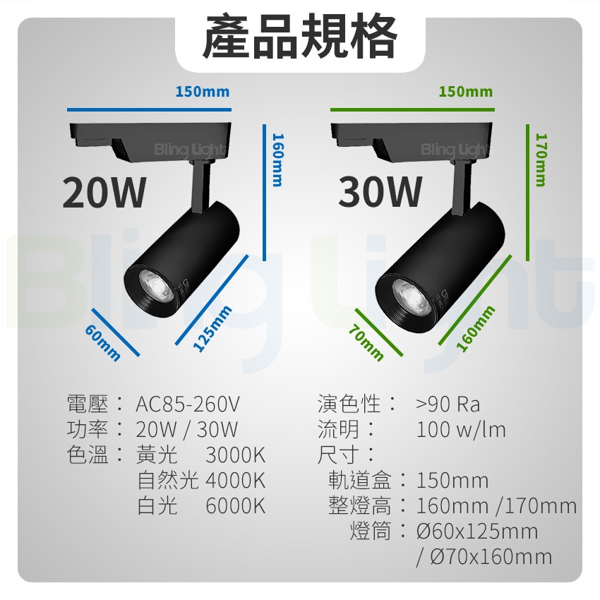 ◎LED COB 邱比特長筒軌道燈/投射燈，CREE晶片，20W/30W另有9W/15W